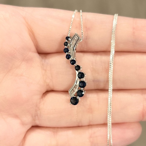 10K Sapphire Diamond Journey channel swirl natural dark blue white gold pendant - Picture 3 of 11